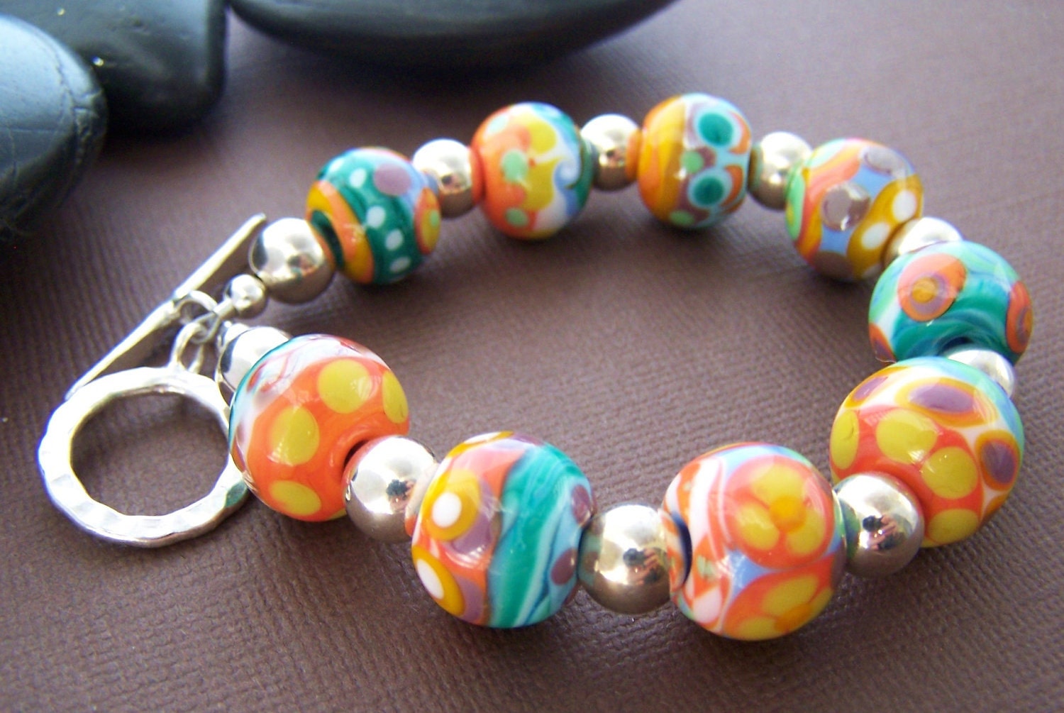 Sunday Bracelet - Lampwork Glass Bead and Sterling Silver Beaded Bracelet
