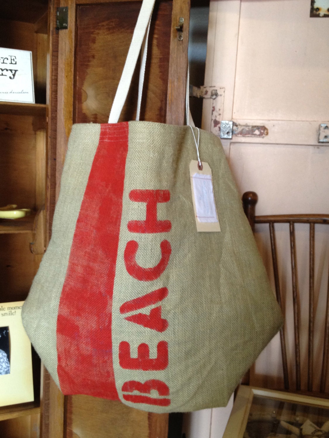 Handmade Burlap Beach Tote Bag with Red ink