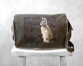 Messenger Bag - Woodland Bunny Photograph - Khaki Green Canvas Bag - Mademoiselle Lapina - School Bag