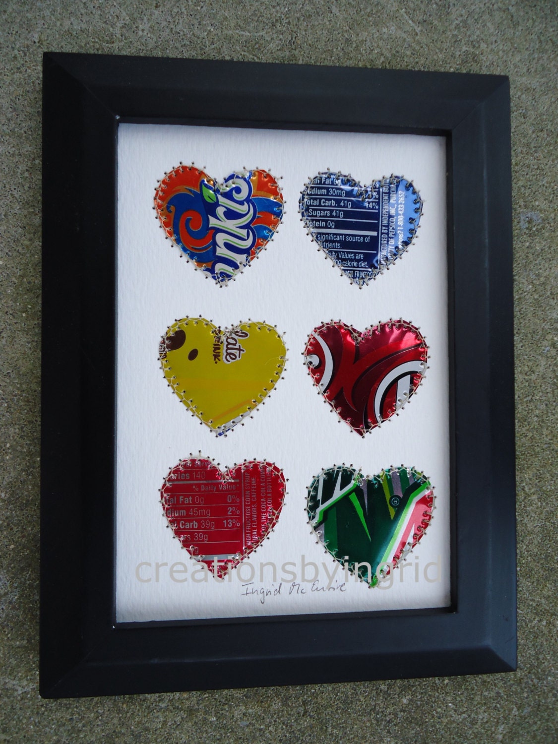 Soda Can Art Recycled Art HEARTS 5 x 7 Original Collage Eco Friendly