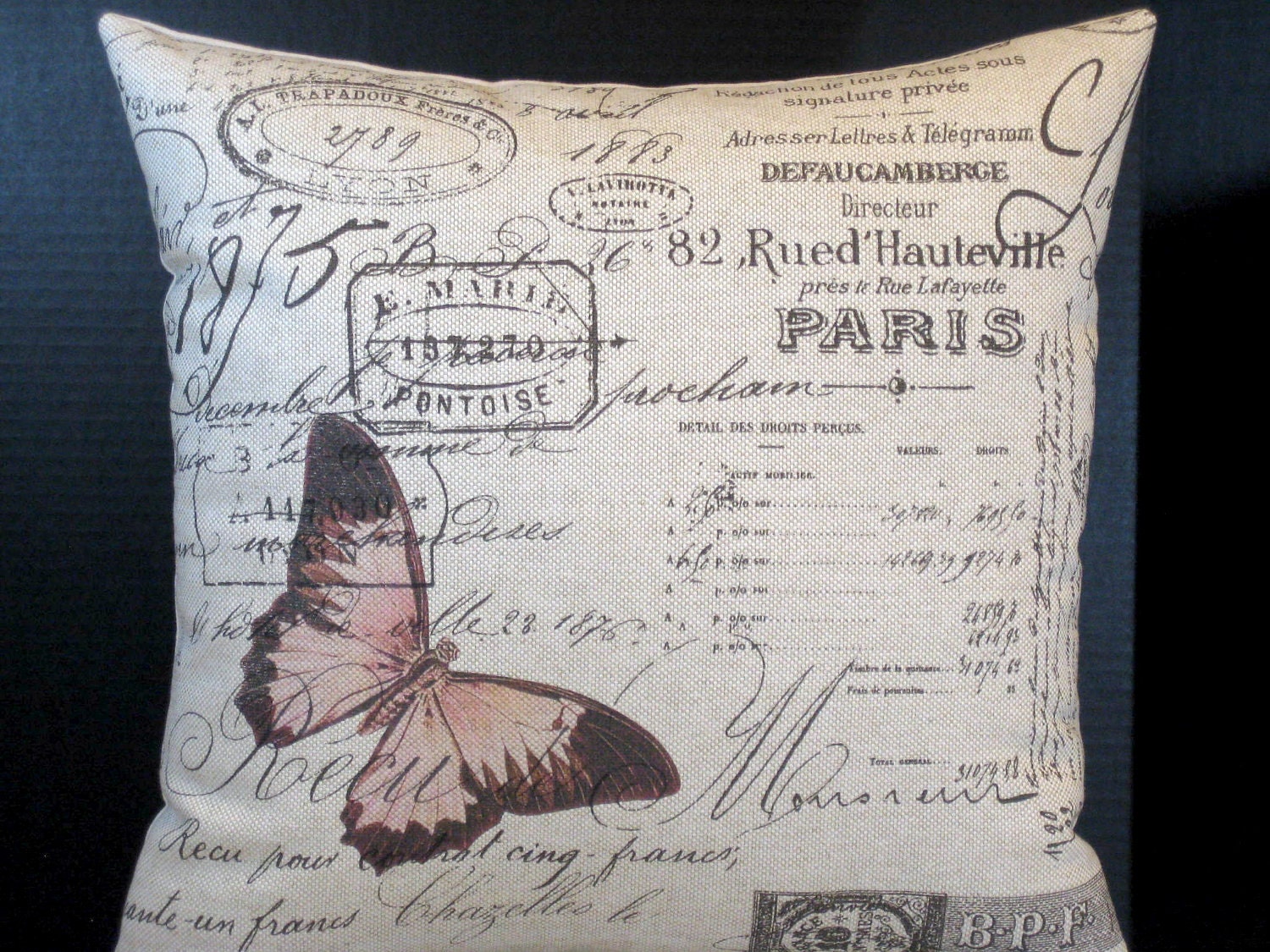 Pillow Pink Butterfly in Paris on French Script Paris Document Fabric