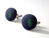 Green Dollar Sign Recycled Necktie Cufflinks Navy Embroidered