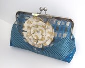 Aqua Necktie Chevron Clutch - 8inch with removable flower brooch