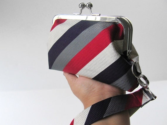 Patriotic Red White Blue Stripes Recycled Necktie Wristlet