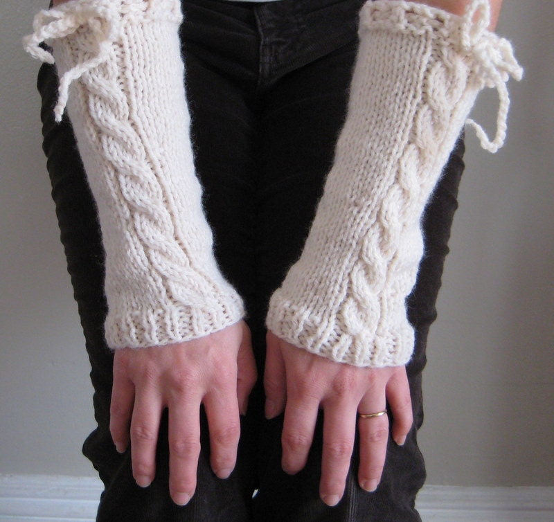 Long ivory wrist warmer with cable  READY TO SHIP