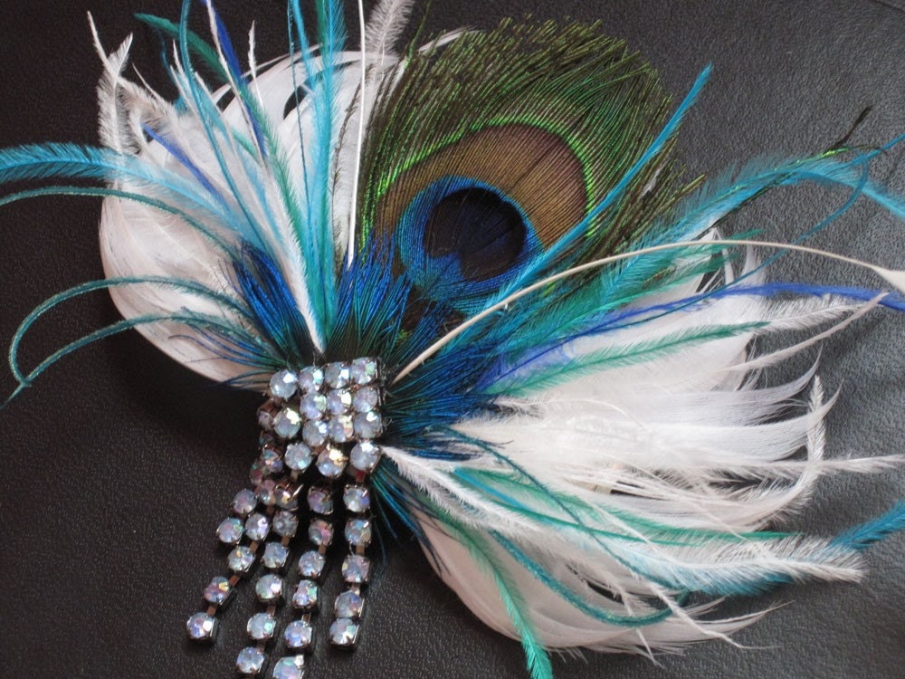 Peacock Feather Fascinator Flower Fan (Made to Order) Rhinestone Vintage Hair Clip Bridal Party Wedding Blue Green Turquoise Bridesmaids