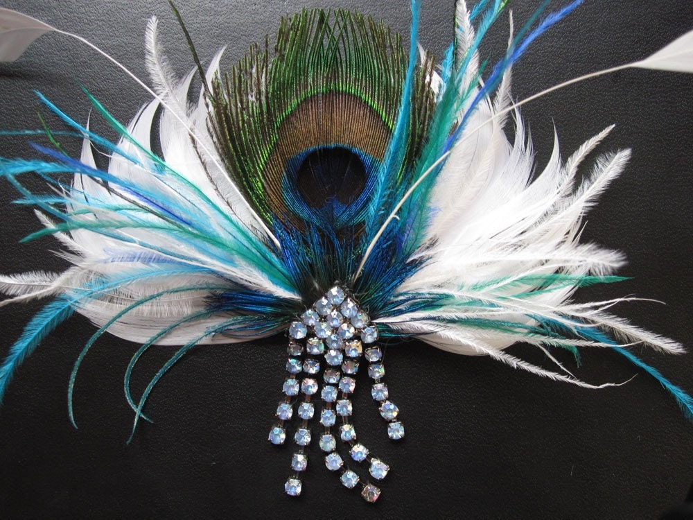 Peacock Feather Fascinator Flower Fan (Made to Order) Rhinestone Vintage Hair Clip Bridal Party Wedding Blue Green Turquoise Bridesmaids