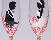 Hand painted Wedding Toasting Flutes Set of 2 Personalized Champagne glasses Groom and Bride with Fuchsia pink flowers