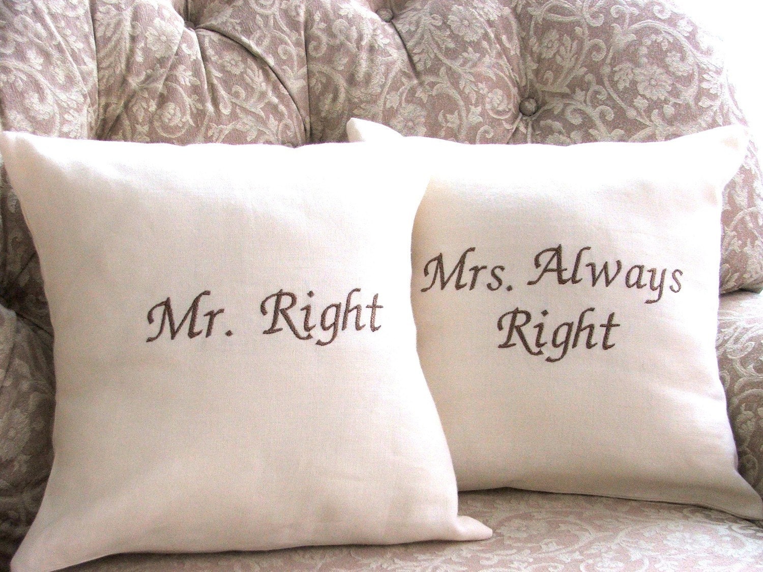 Mr Right  and Mrs  Always Right Linen Pillow  Cover Set , Wedding Bridal shower, Pair