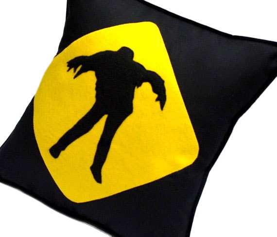 Zombie Warning Black and Yellow Cotton and Recycled Felt Pillow