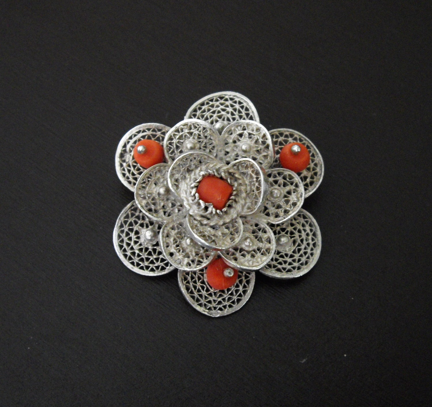 Vintage Sterling Silver and Coral Filigree Brooch