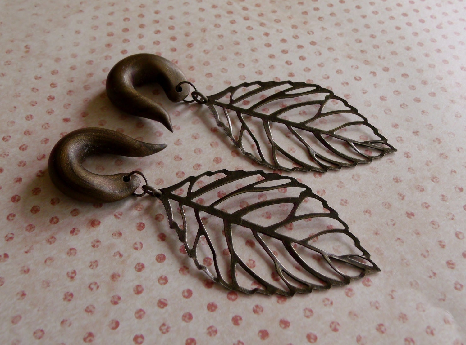 Bronze Skeleton Leaf Gauged Earrings