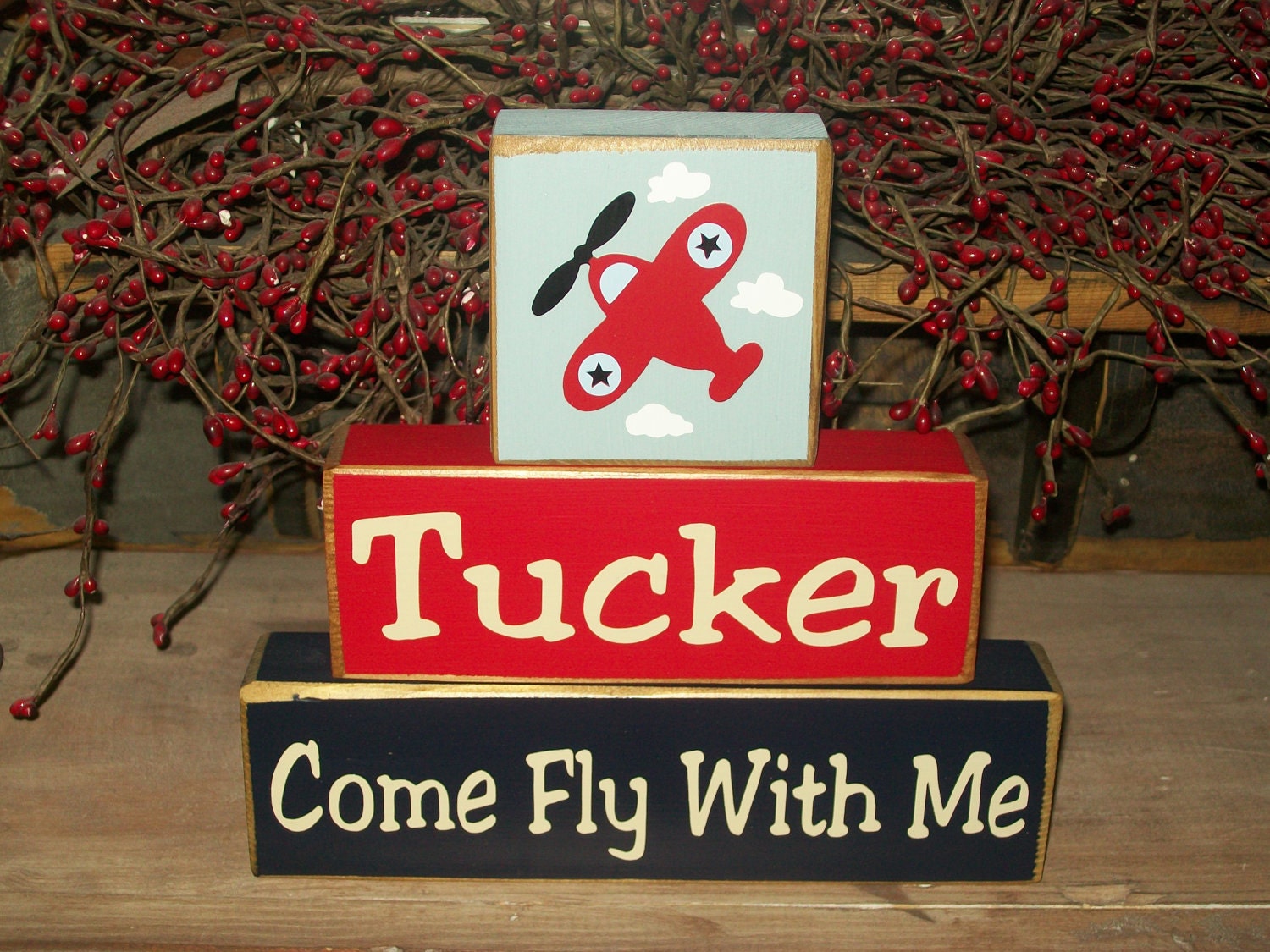 Personalized Primitive Wood Sign Blocks Nursery Decor Boys Girls Baby Kids Custom Names Airplane Come Fly With Me