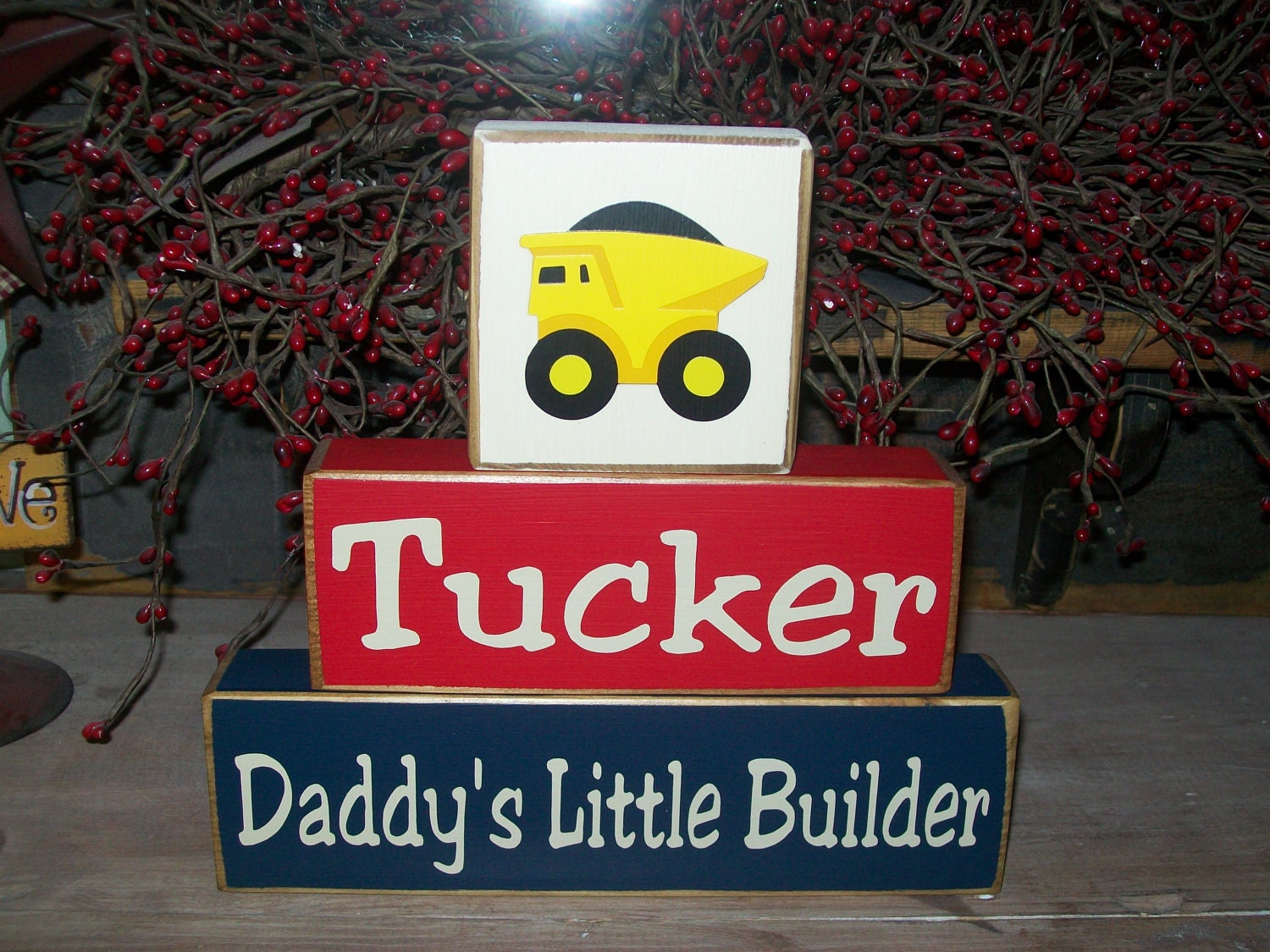 Personalized Primitive Wood Sign Blocks Construction Tonka Dumptruck Nursery Decor Boys Baby Kids Custom Names