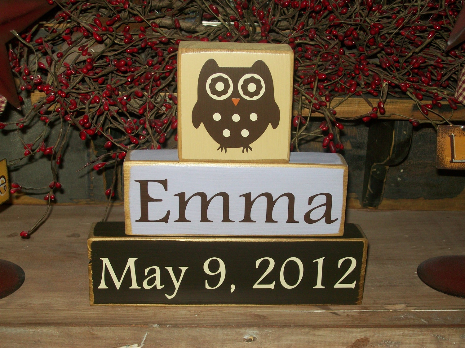 Personalized Baby Girls Kids Names Owl Themed Primitive Block Sign Distressed Nursery Decor