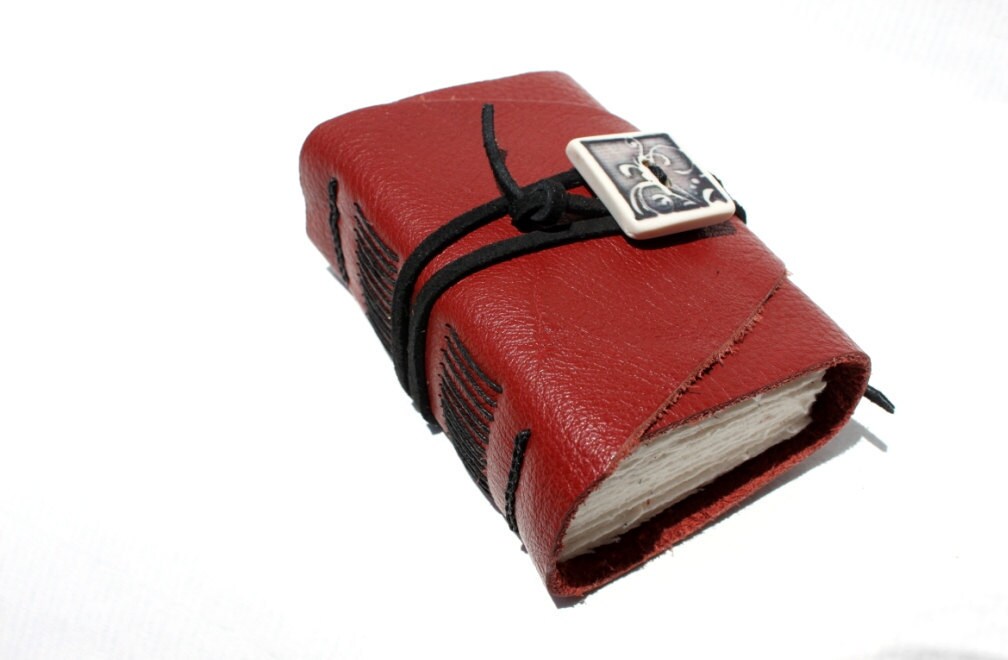 Wee Chunky Book - Handmade - Deep Red Leather - Handcrafted Porcelain Adornment