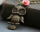 Owl Necklace, Gold Owl Necklace,Pink Flower,  Woodland Jewelry, Handmade Owl  Necklace, Pink Rose, Long Necklace -Hoot