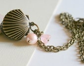 Locket Necklace Shell, Antique Gold Locket, Pink Pearl and Flower,  Seashell Necklace - Pearl