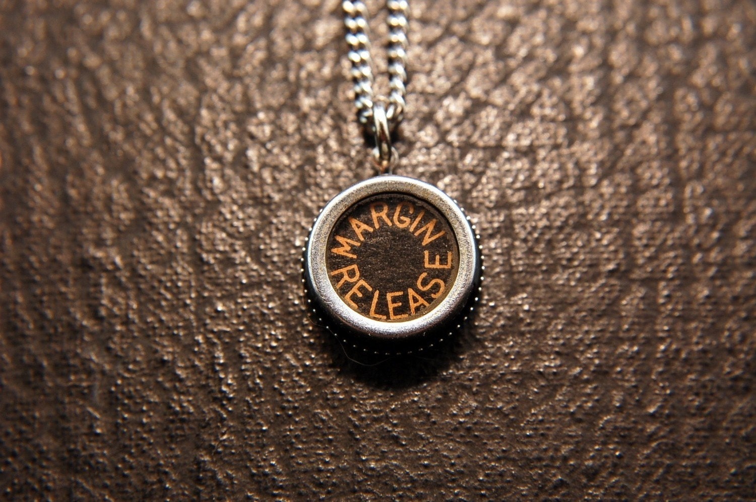 Vintage Typewriter Key Pendant Necklace Charm - Black Silver Rim Glass Top - RARE Margin Release Key