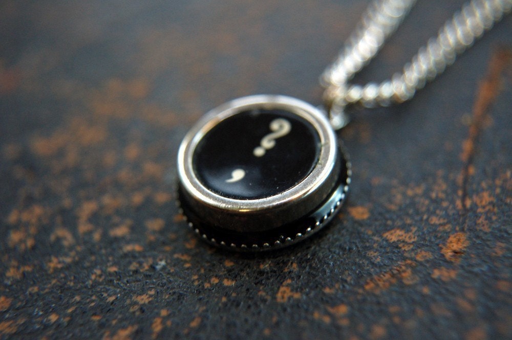 Vintage Typewriter Key Pendant Necklace - Silver Rim Question Mark and Comma - Other Letter and Numbers Available GDJ