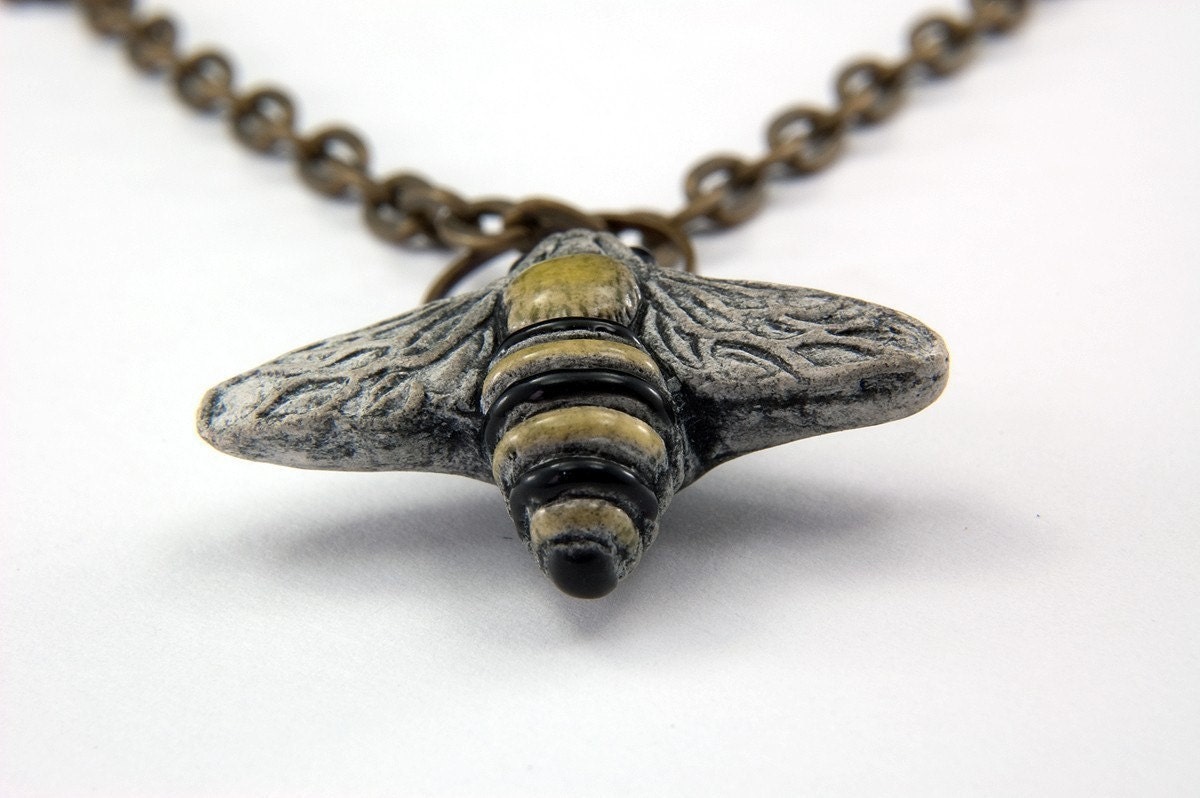 Handpainted Flying Honey Bumble Bee Charm Necklace - by Gwen DELICIOUS Jewelry Design