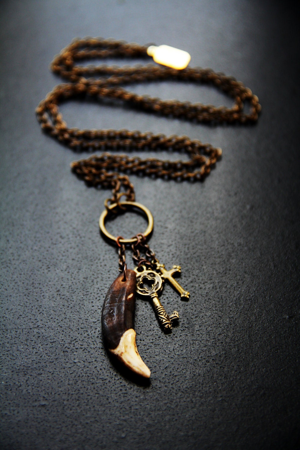 TAXIDERMY COUTURE Wolf Tooth Fang Cross Key Charm Brass necklace