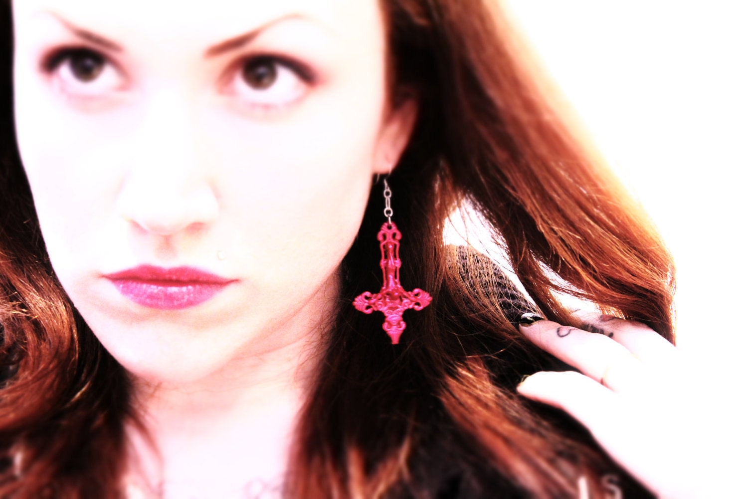 Pink Inverted Cross Crucifix SINGLE Sterling Silver earring Spring 2012