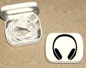 Tin ipod earbud tin white metal hinged tin 80's Headphone design
