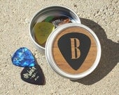 Personalized Guitar Pick Holder woodgrain with black pick design Round Metal Tin