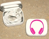 Tin ipod earbud tin white metal hinged tin 80's Headphone design - Hot Pink