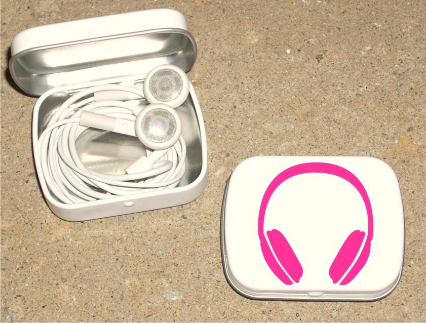 Tin ipod earbud tin white metal hinged tin 80's Headphone design - Hot Pink