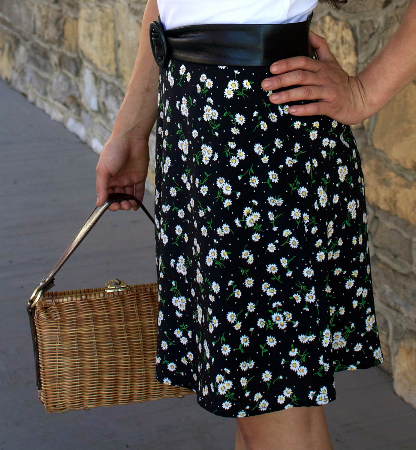 Reserved for Kitty Vintage Black Skirt with Daisies Very Hipster