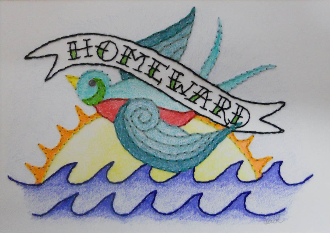 Framed mixed-media hand embroidery on paper - "Homeward Swallow" - ready to ship