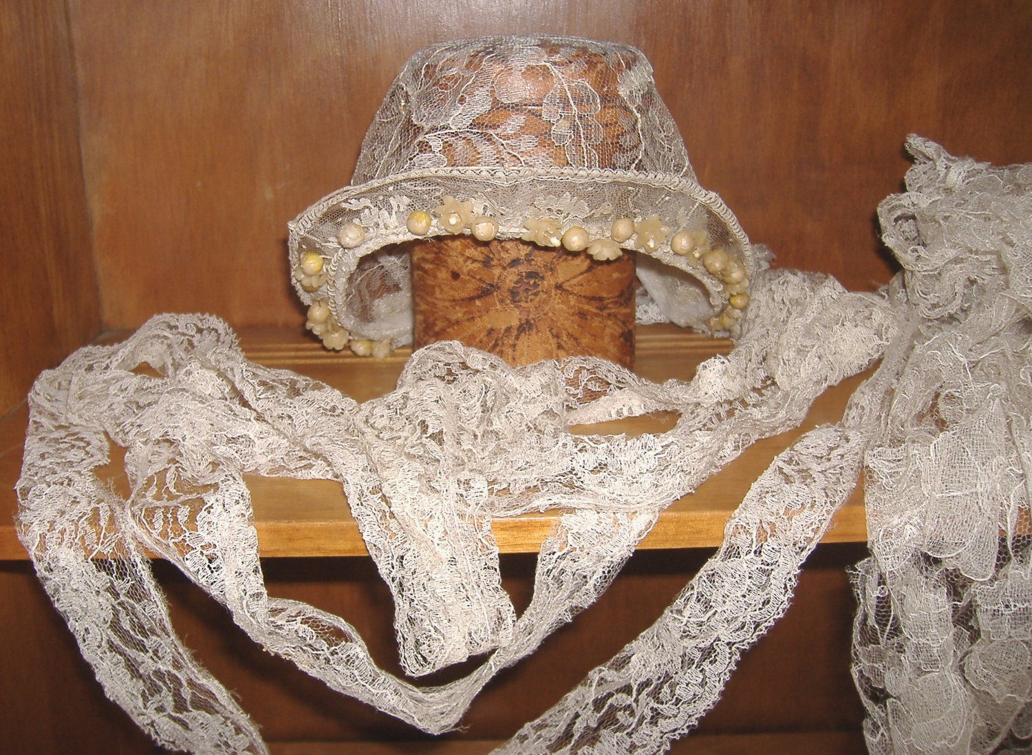 Antique Trailing Lace Floral Wedding Bonnet