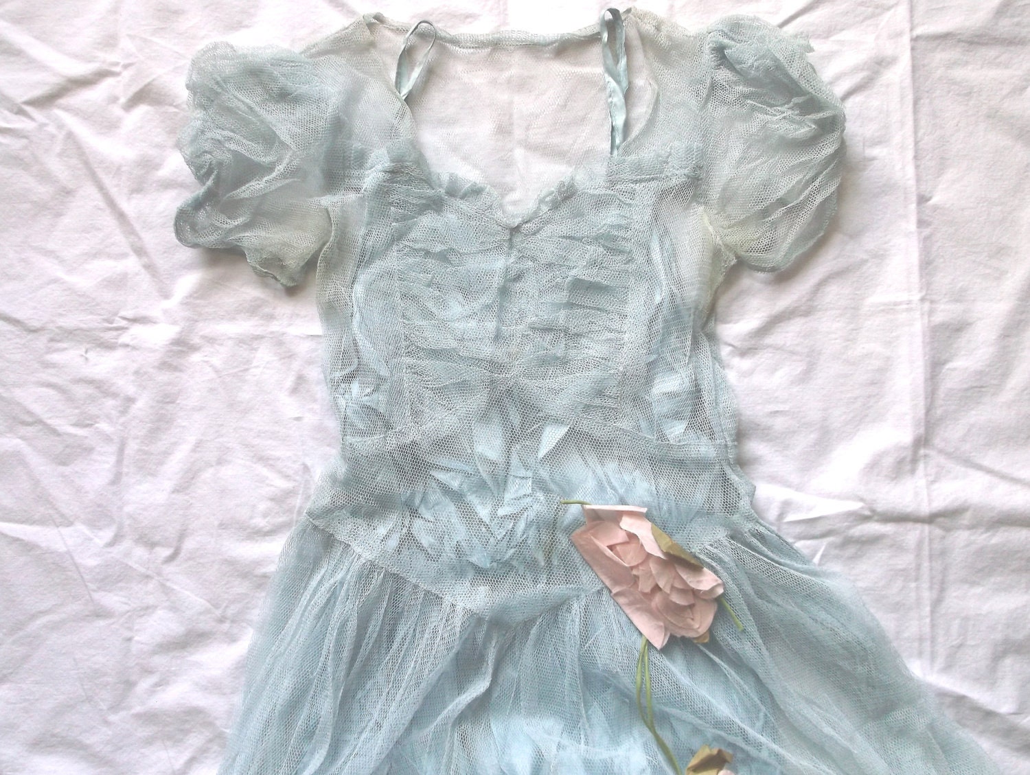Vintage Baby Blue Shabby Worn Formal Dress with Roses . . . small size