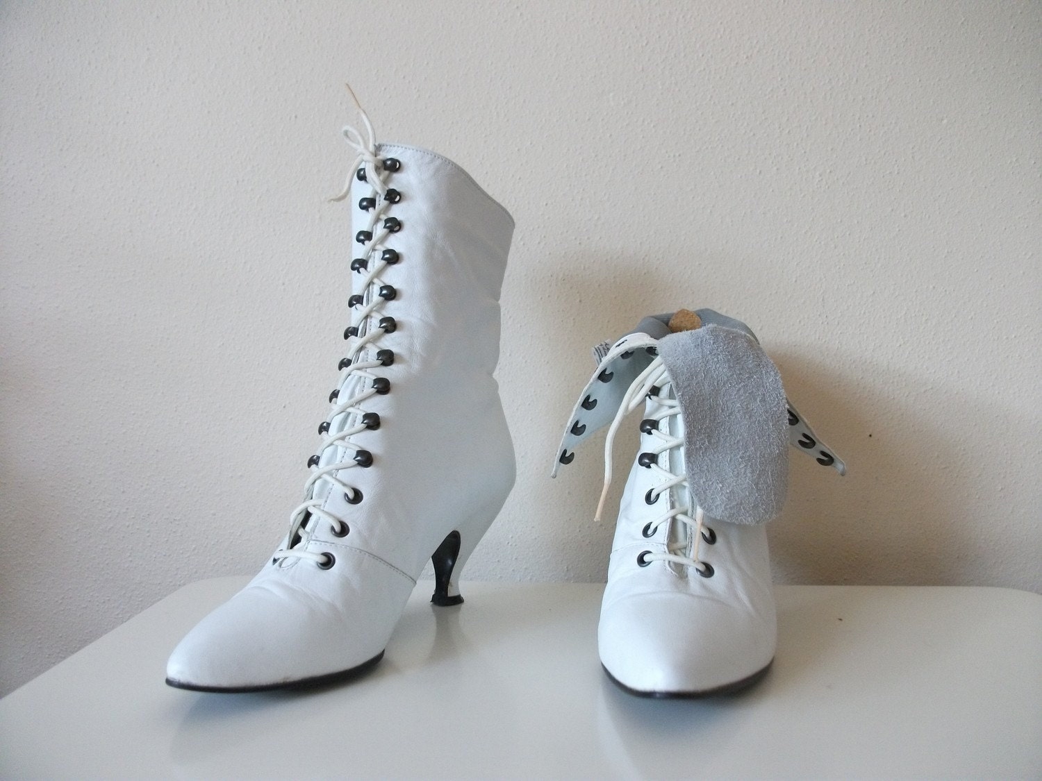 white lace up granny boots
