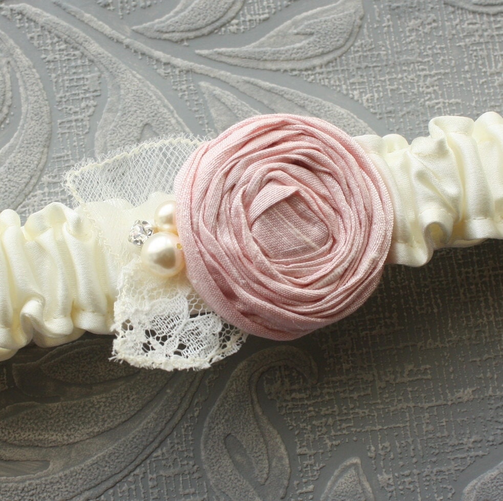 Simple Silk Garter - Ivory with Pink Rose (Or Pick your Colors) - the Penelope Toss Garter, bridal wedding garter