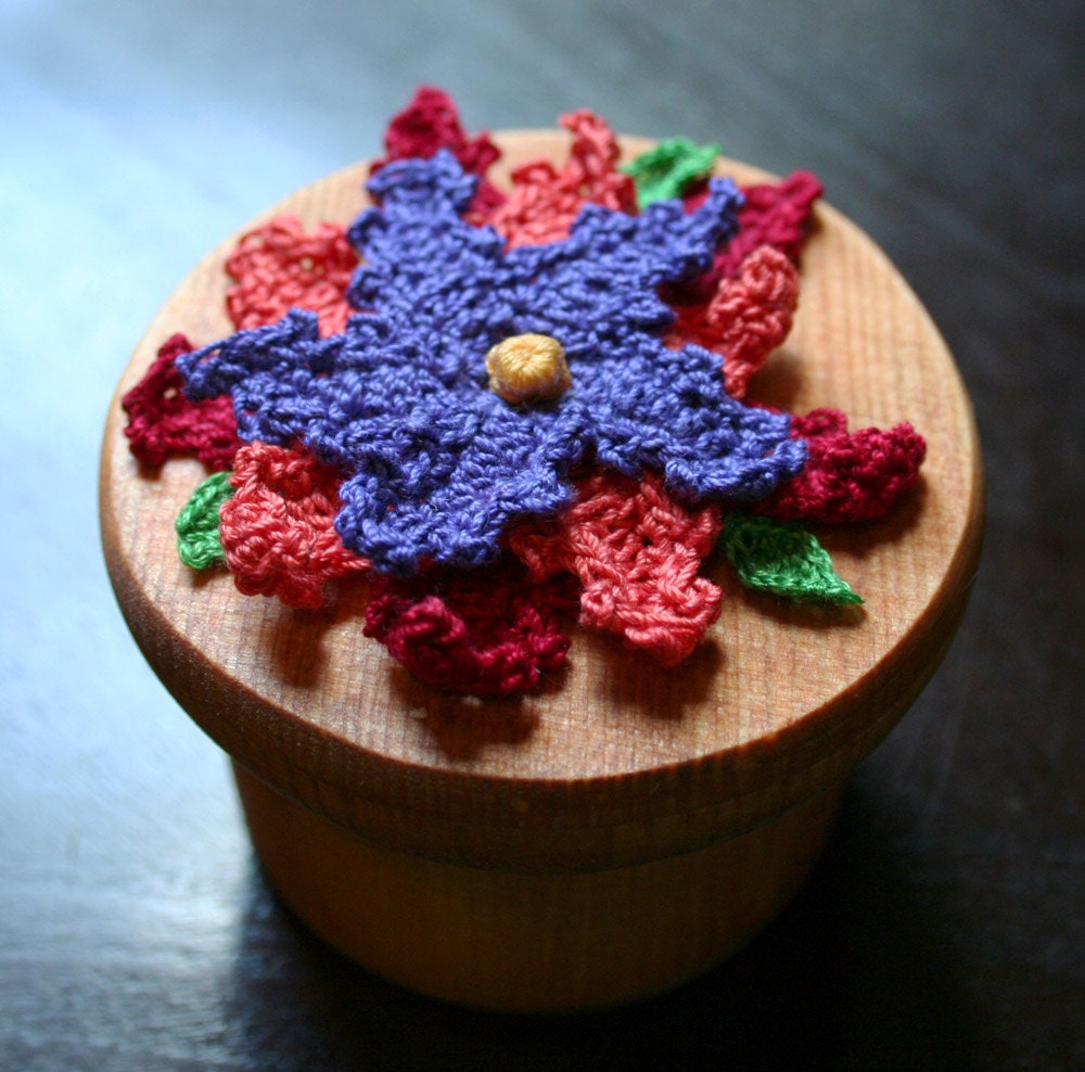 Wooden Trinket and Ring Box with Crocheted Flowers