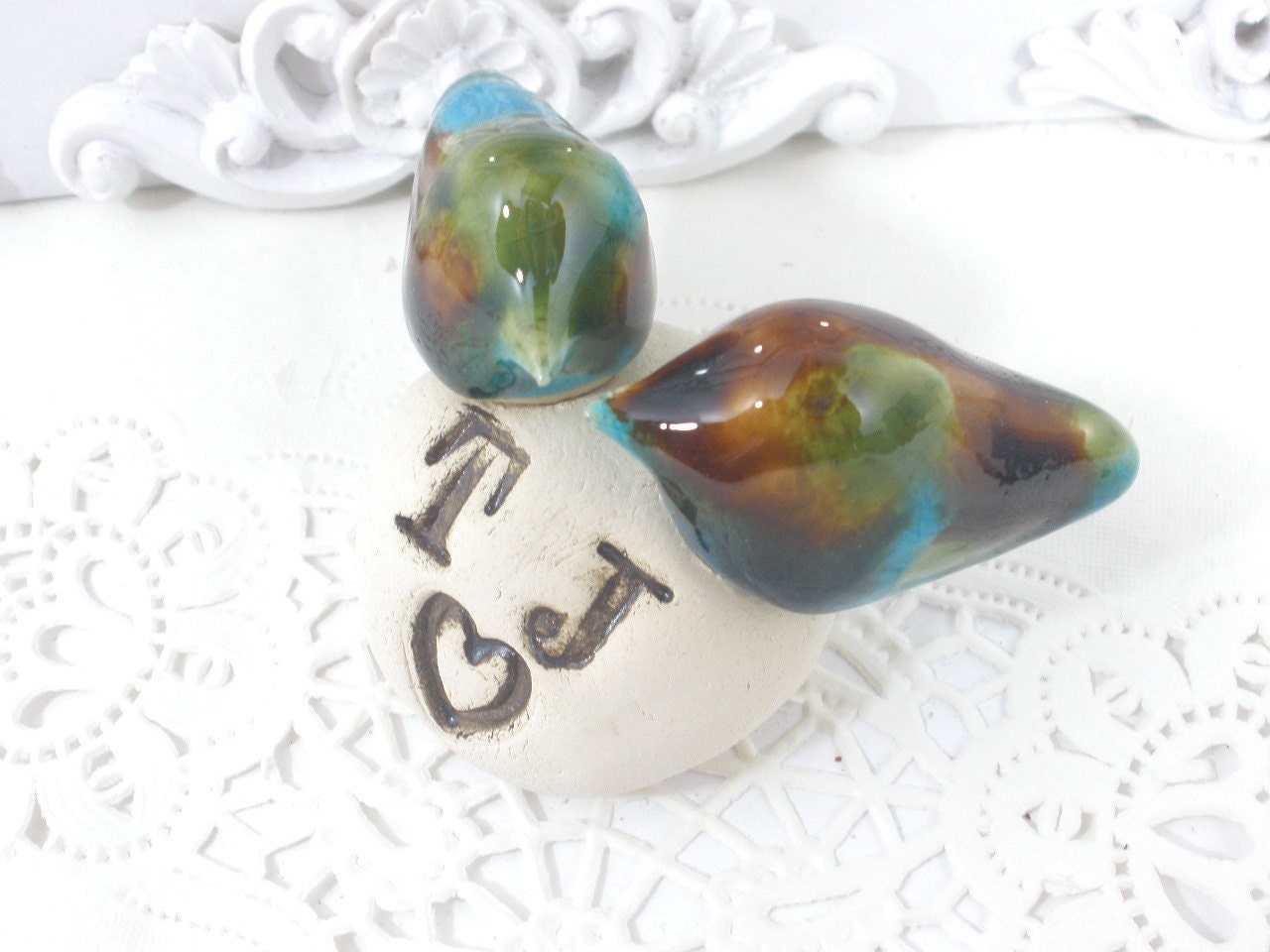 Wedding cake topper Love is solid as a rock -Personalized ceramic love birds with your initials Bride and groom Love birds