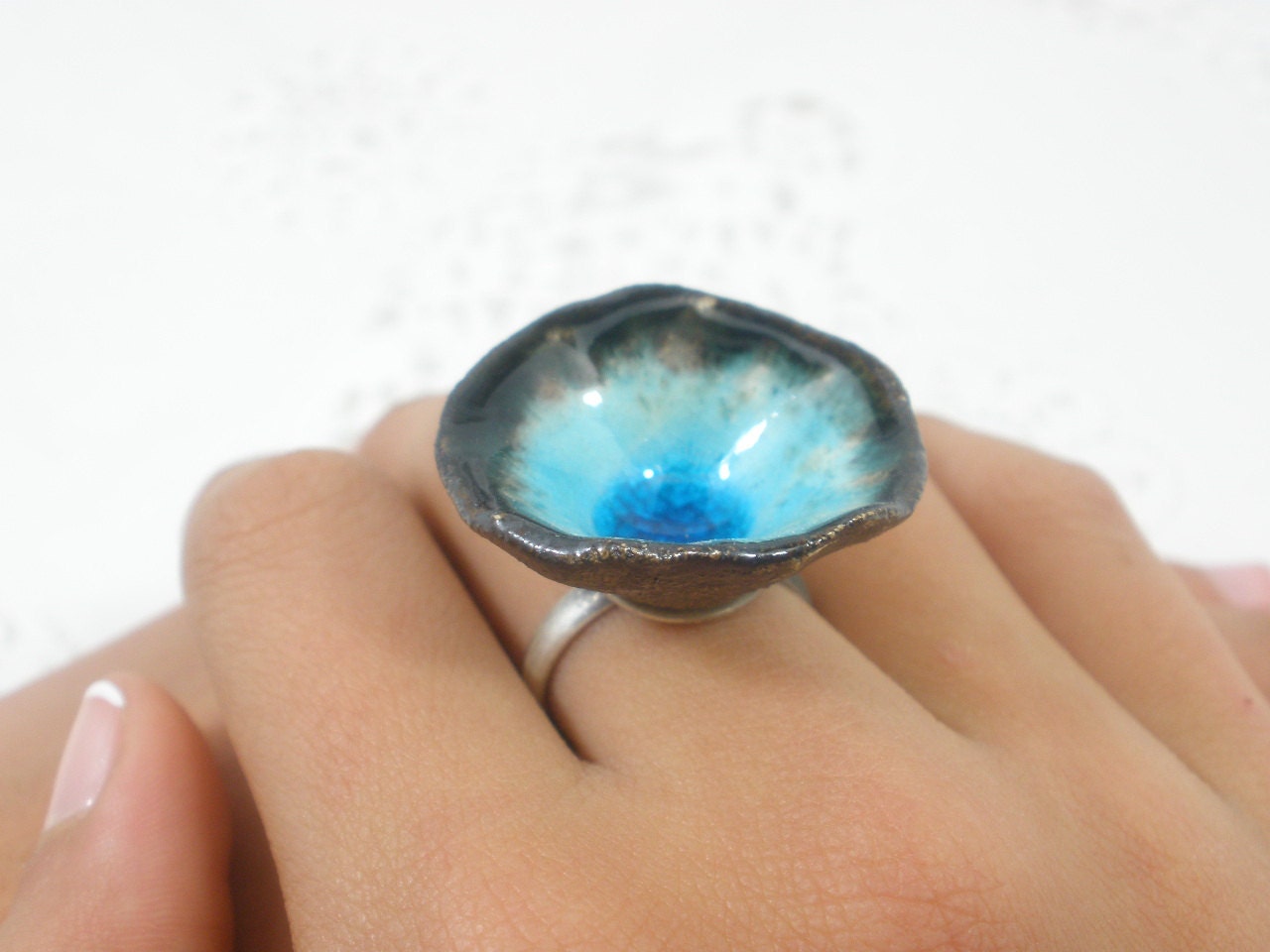 One of a kind turquoise and brown ceramic ring Aqua ring elitett tbteam