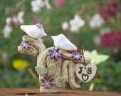 Custom Wedding cake topper,  Personalized ceramic love birds on a sculptured tree of love Initials wedding cake topper  Bride and groom
