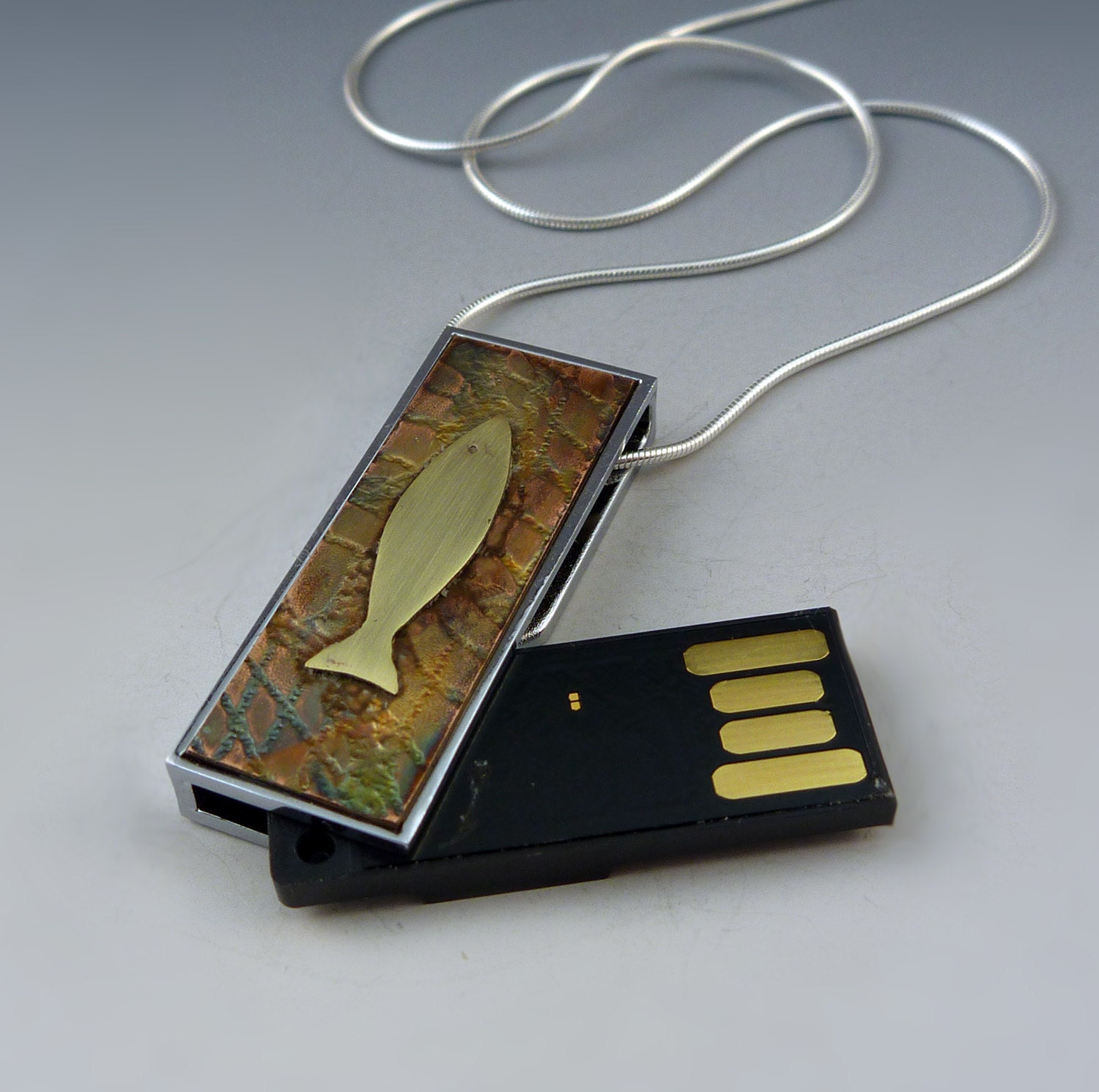 USB flash drive fish necklace - handmade art jewelry
