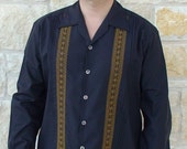 Black cotton blend Guayabera, Wedding, Beach, Bowling Man's Shirt, Cabana shirt
