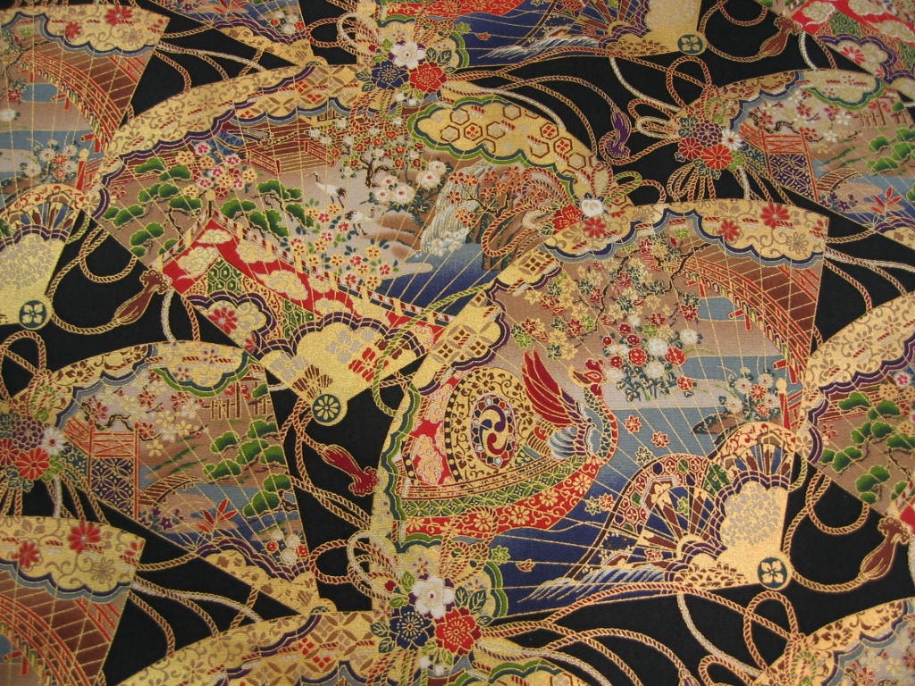 Japanese Cotton Print Fabric - Quilt Gate, Half Yard - Gorgeous Glitter Lame & Traditional Pattern - Black - NT135
