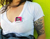 Felt Mix Tape Brooch - The Hot Date - Hot Pink with Black Stripes on Grey Felt embellished with Mini Buttons