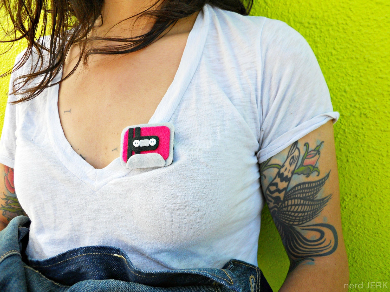 Felt Mix Tape Brooch - The Hot Date - Hot Pink with Black Stripes on Grey Felt embellished with Mini Buttons