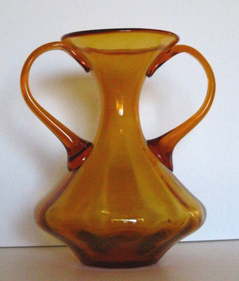 Large Vintage Hand Blown Amber Glass Art Glass Vase 2 By Modnique