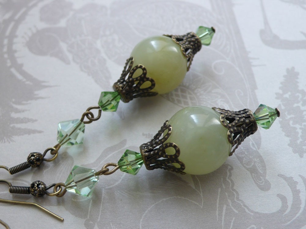 Tri Colour Jade and Swarovski Crystal Earrings Hand Wrapped on Brass