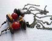 Tigers Eye and Red Agate Chain Earrings Hand Wrapped on Brass