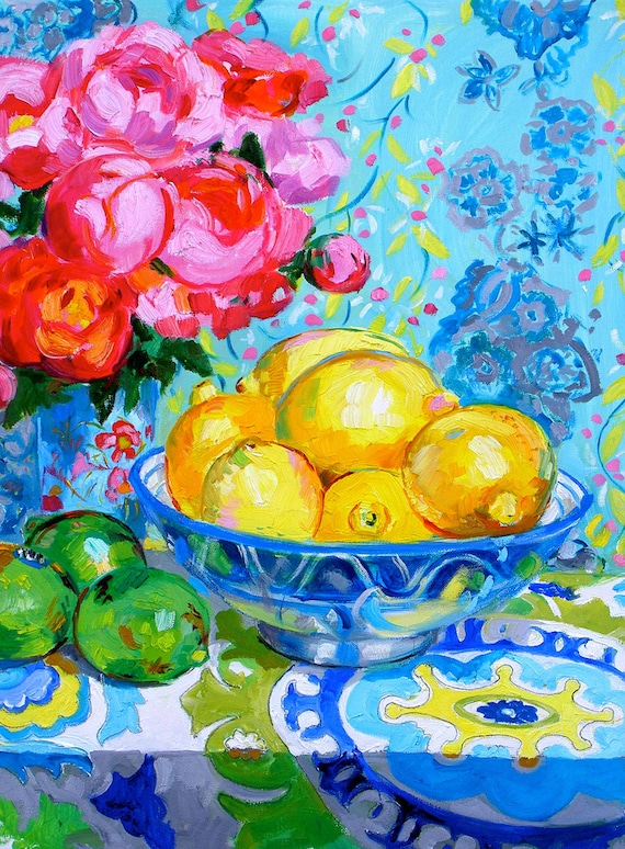 lemons pink flowers blue patterns print 8x10